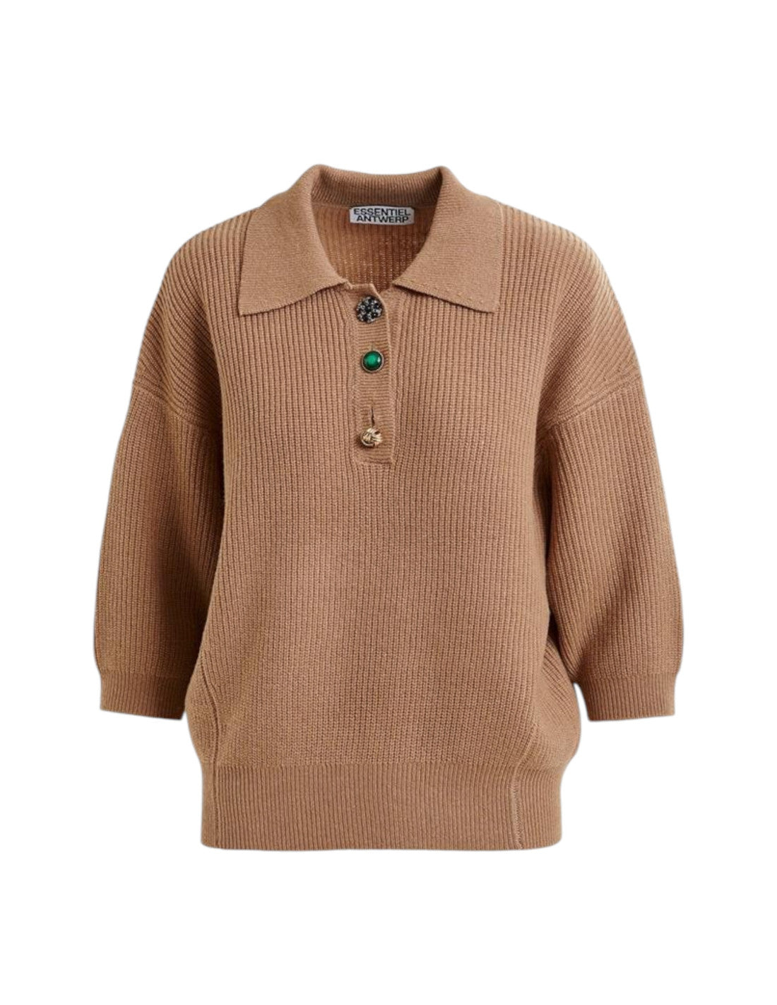 Brown ribbed sweater with collar and buttons on a white background