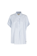 Short-sleeve shirt with blue and white vertical stripes on a white background