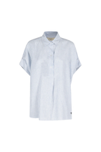 Short-sleeve shirt with blue and white vertical stripes on a white background
