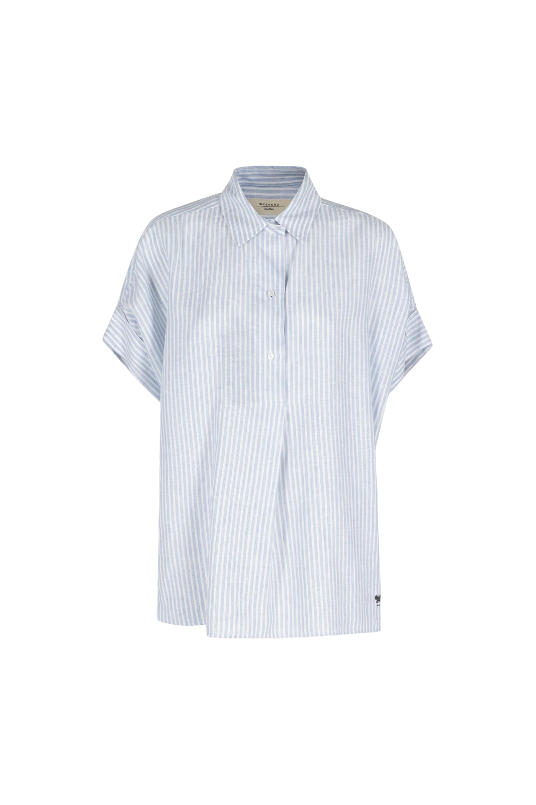 Short-sleeve shirt with blue and white vertical stripes on a white background