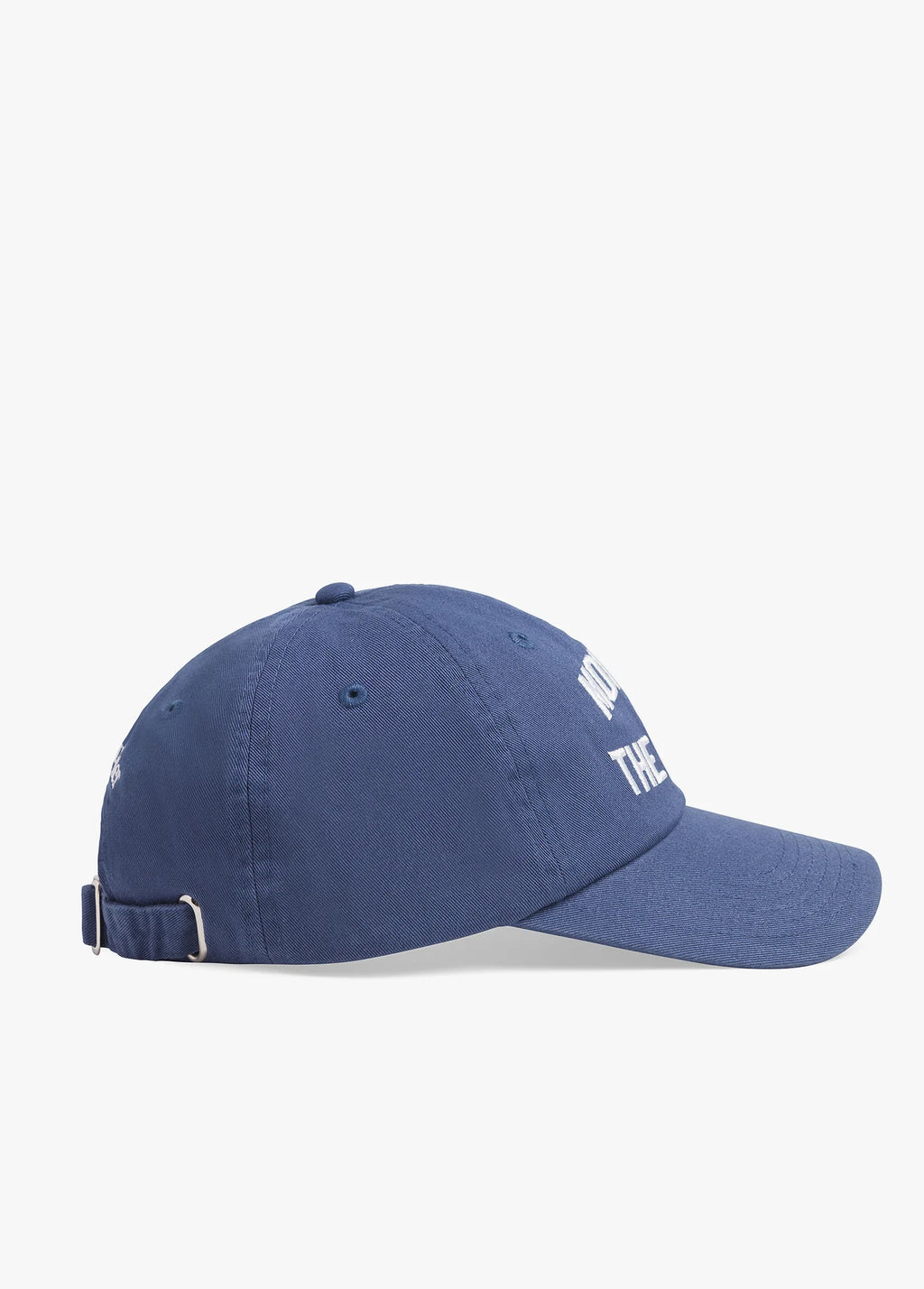 Blue baseball cap with a brand logo on a white background