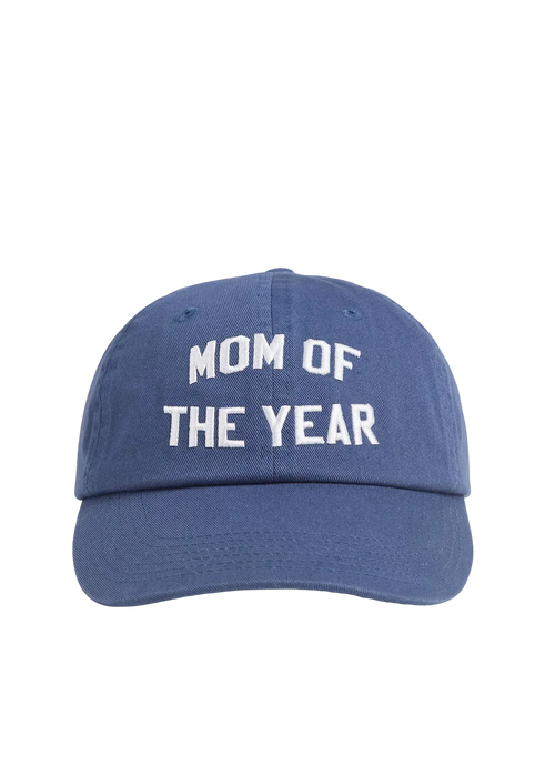Blue cap with 'Mom of the Year' text on a white background