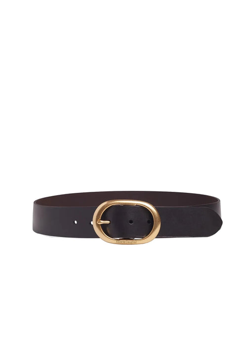 Black leather belt with a gold buckle on a white background