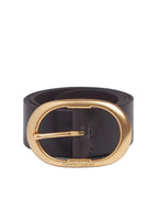 Black belt with a gold buckle on a white background
