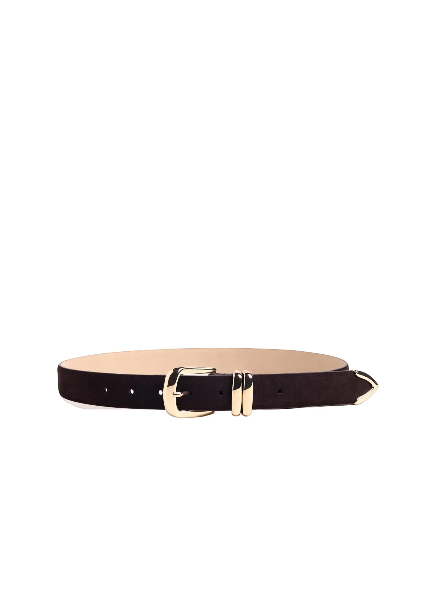 A dark brown suede belt with a gold-tone buckle and silver-tone tip, displayed on a light beige background.