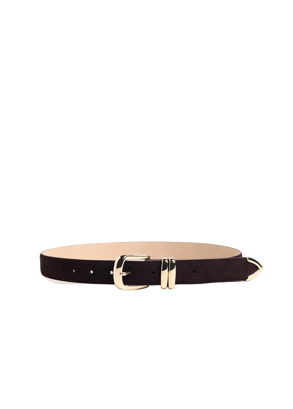 A dark brown suede belt with a gold-tone buckle and silver-tone tip, displayed on a light beige background.