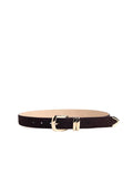 A dark brown suede belt with a gold-tone buckle and silver-tone tip, displayed on a light beige background.