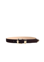 A dark brown suede belt with a gold-tone buckle and silver-tone tip, displayed on a light beige background.