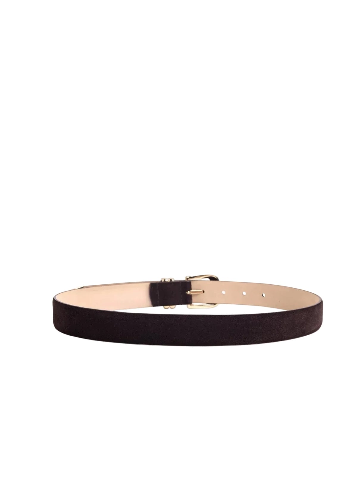 A wide black suede belt with a gold-tone buckle and a light beige interior lining, displayed horizontally on a solid light beige background.