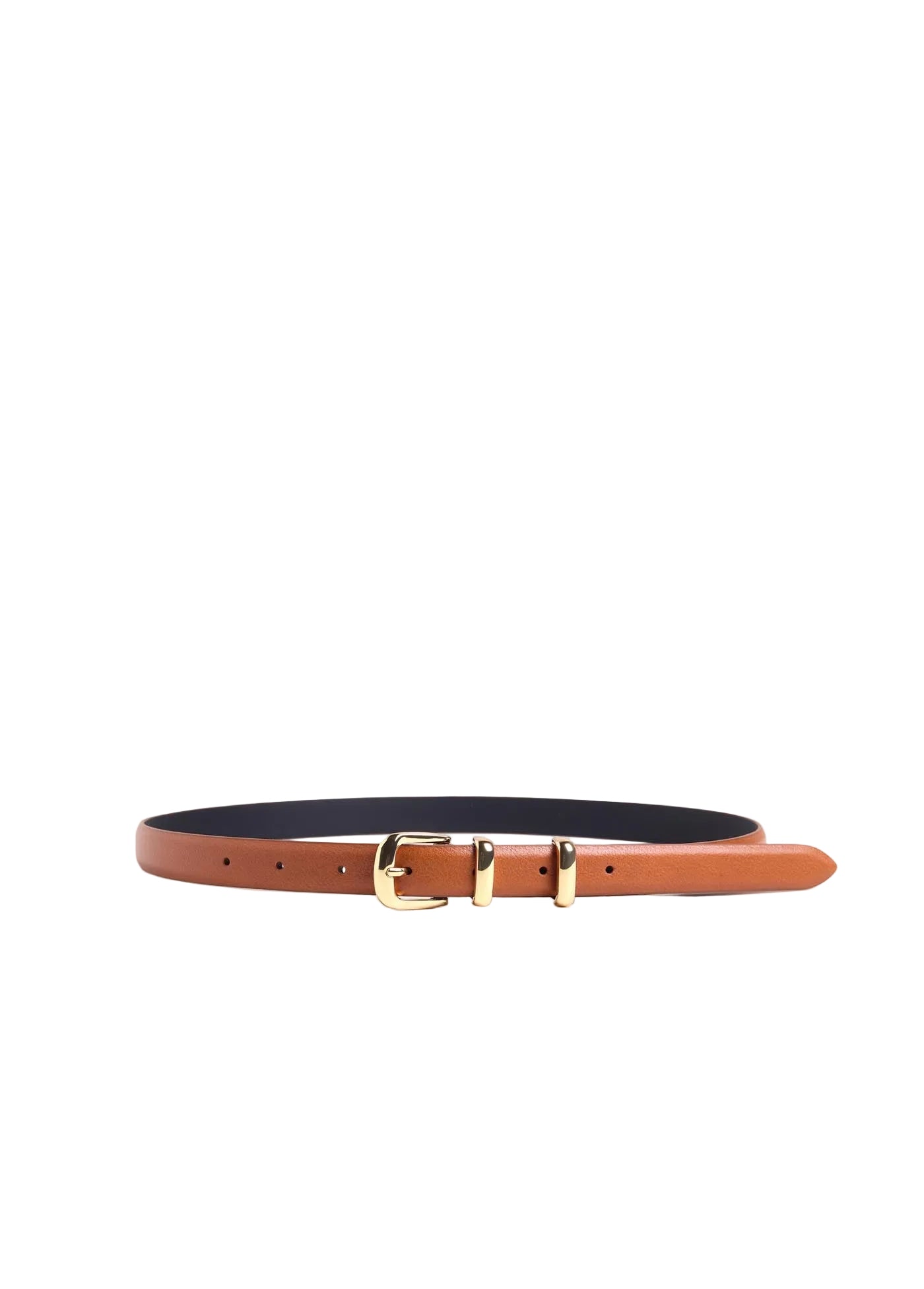 A slim tan leather belt with a polished gold buckle, displayed horizontally against a solid light beige background.