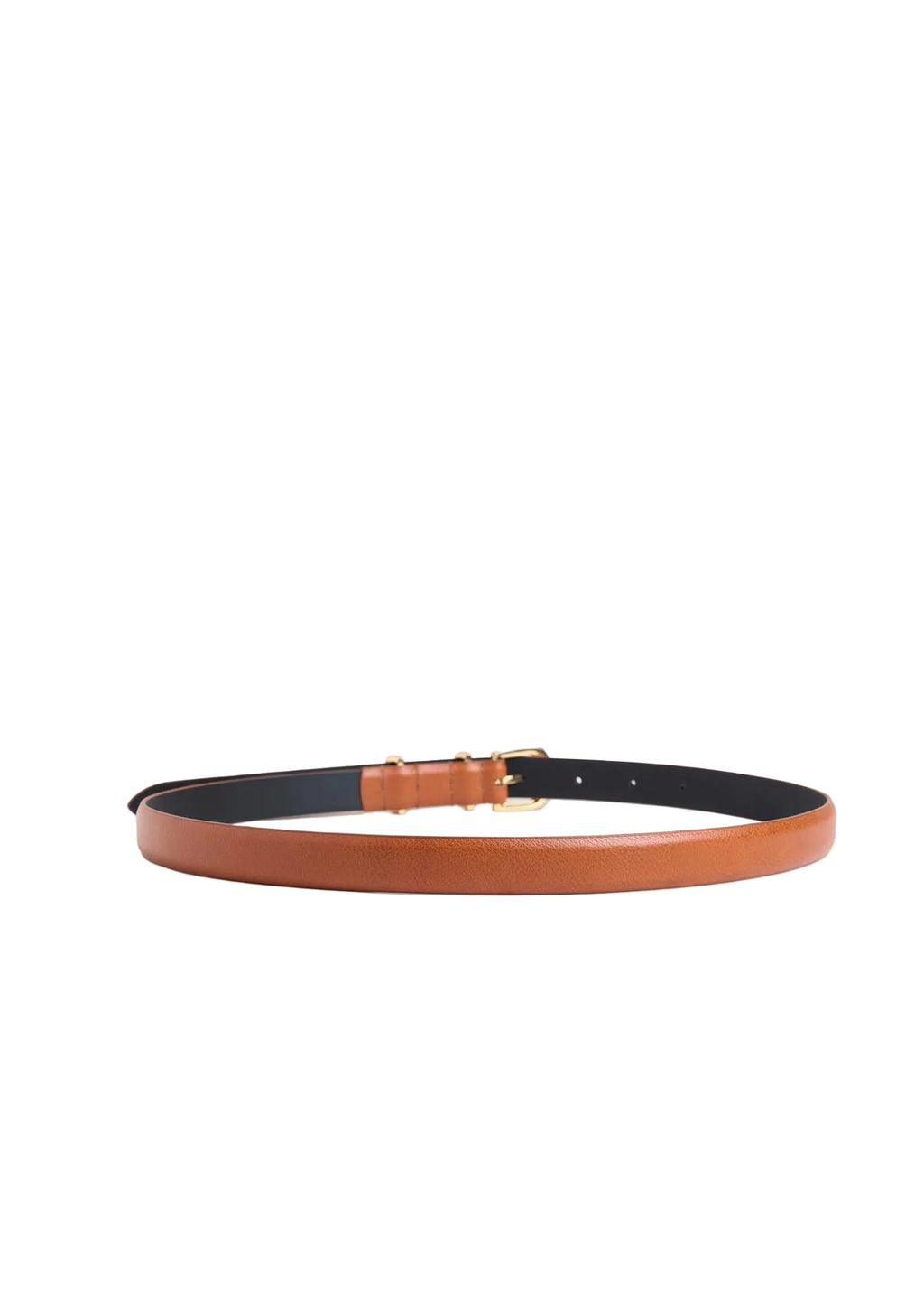 A slim leather belt in a warm tan/cognac brown color, shown coiled on a light beige background. The underside of the belt is black, and it features a small gold-tone metal buckle.