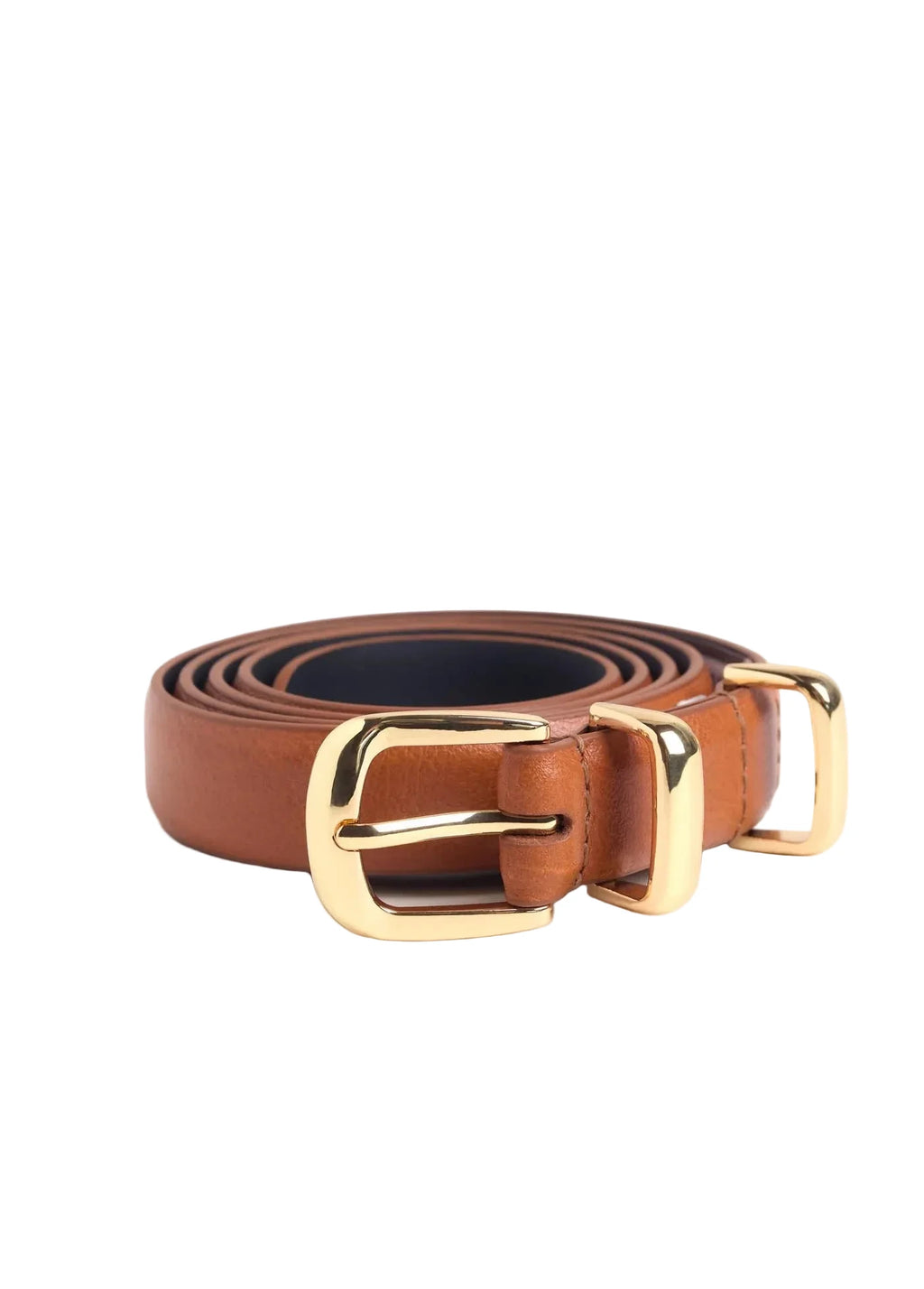 A brown leather belt with a polished gold-tone metal buckle, shown coiled on a light beige background.