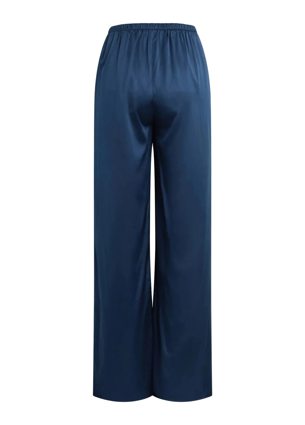 A pair of wide-leg trousers in a deep navy blue satin fabric, shown from the back against a solid light beige background.