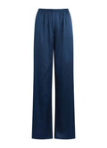A pair of wide-leg trousers in a deep navy blue satin fabric, shown against a solid light beige background.