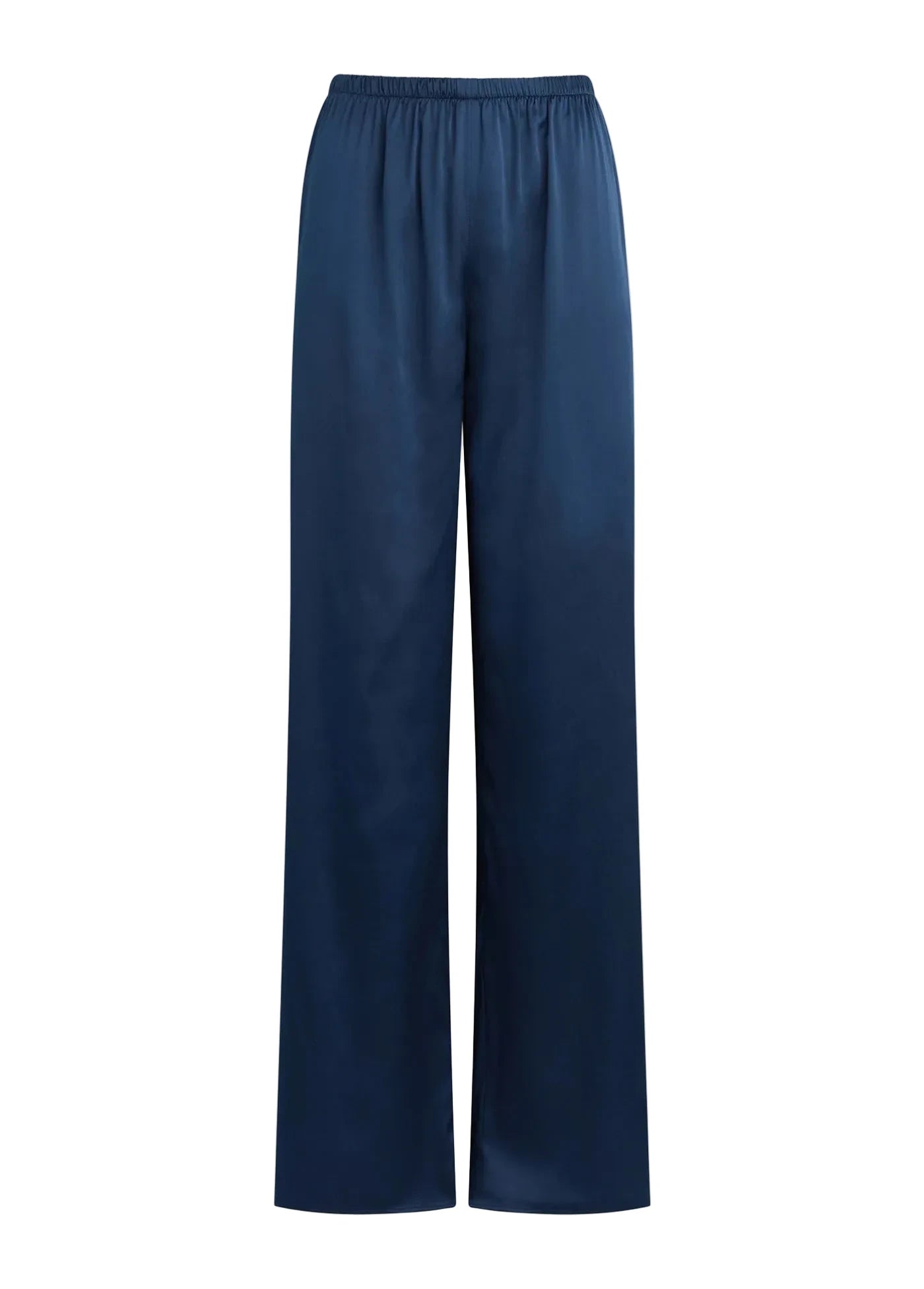 A pair of wide-leg trousers in a deep navy blue satin fabric, shown against a solid light beige background.