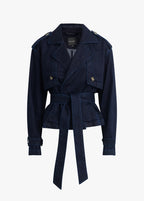 Favorite Daughter Navy blue trench coat with a belt on a light gray background front side. shop online
