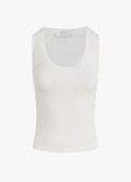 A white ribbed tank top by Second Female, displaying a sleeveless design and a round neckline.