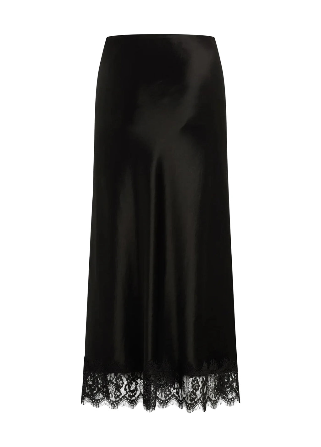 Black satin skirt with lace hem on a white background