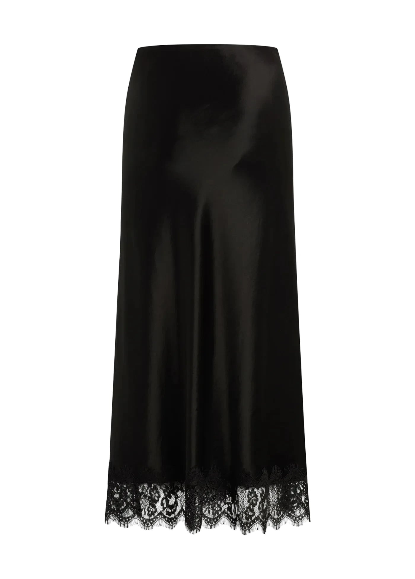 Black satin skirt with lace hem on a white background