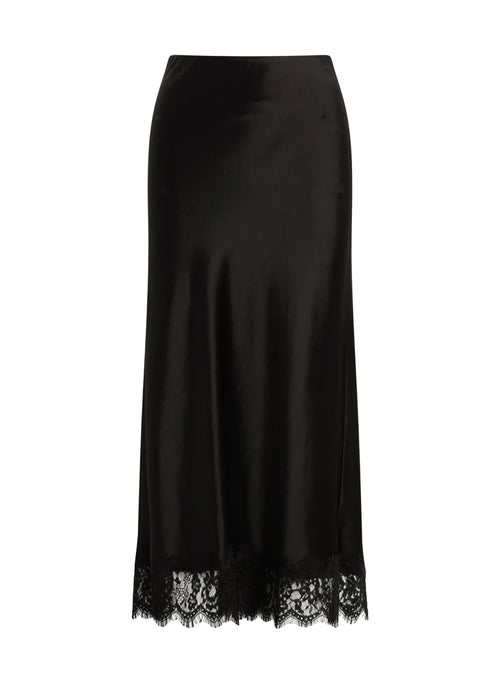 Black satin skirt with lace hem on a white background