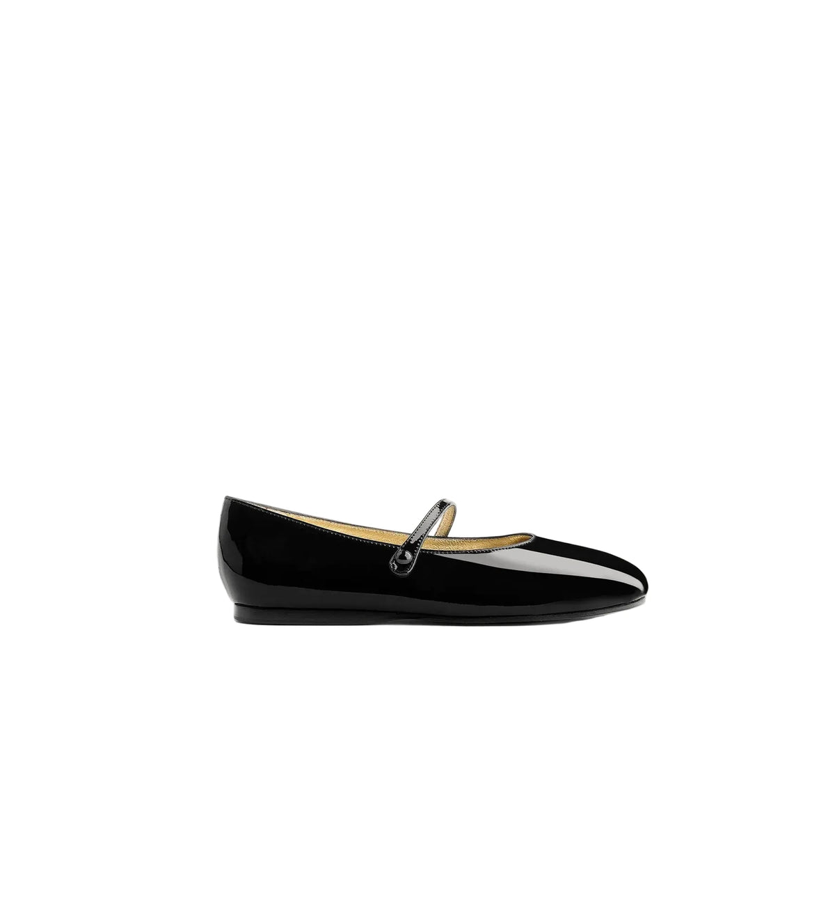 Black patent leather flat shoe with a strap on a white background