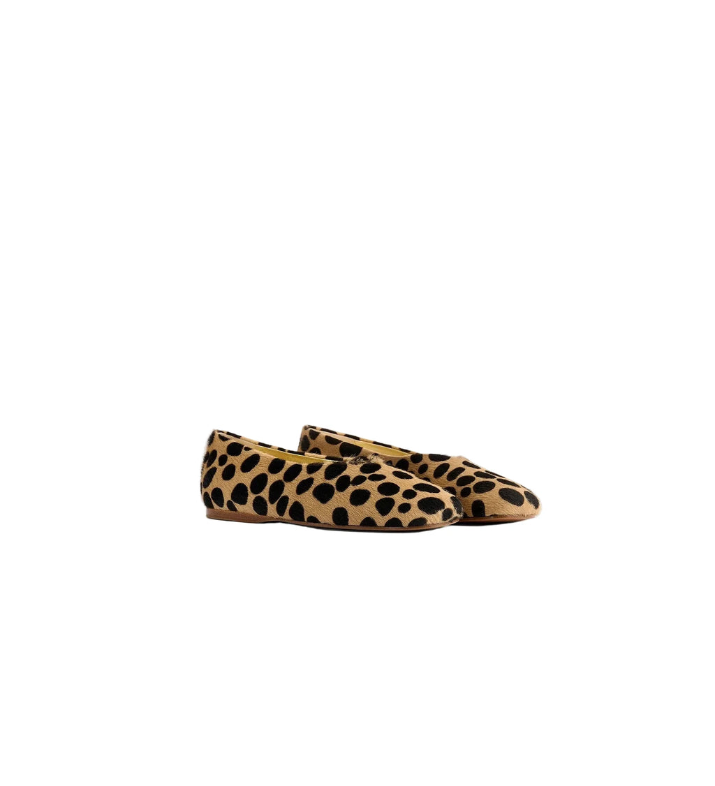 Pair of leopard print flats on a light gray background