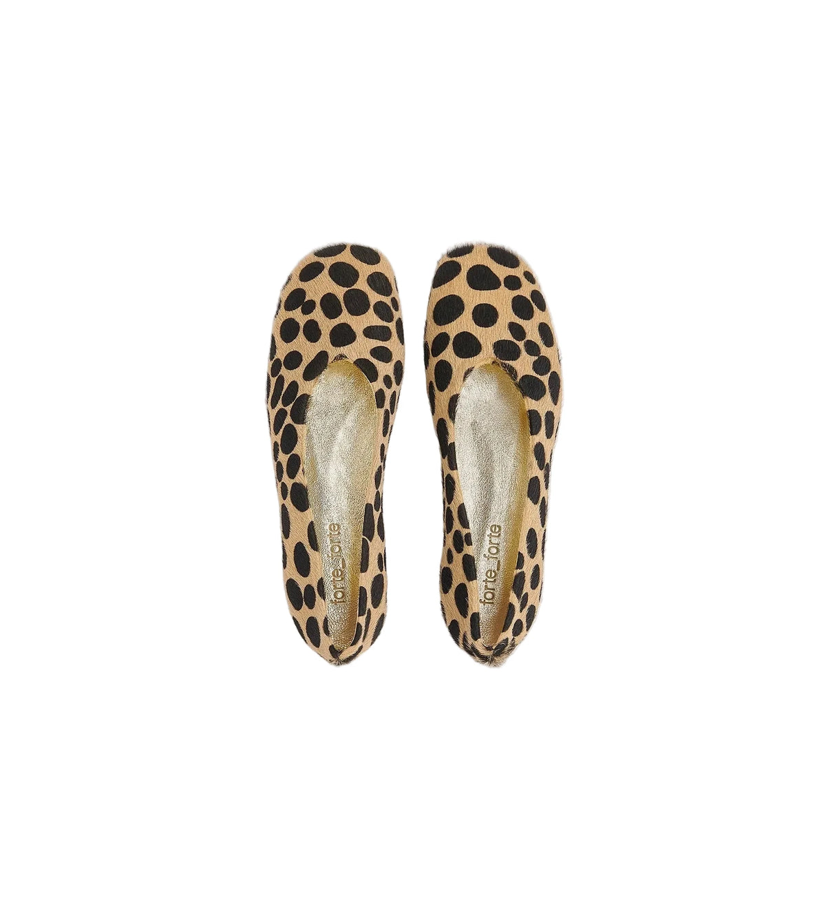 A pair of pointed-toe flat shoes with a tan and black leopard print pattern, shown from a top-down view on a light gray background.