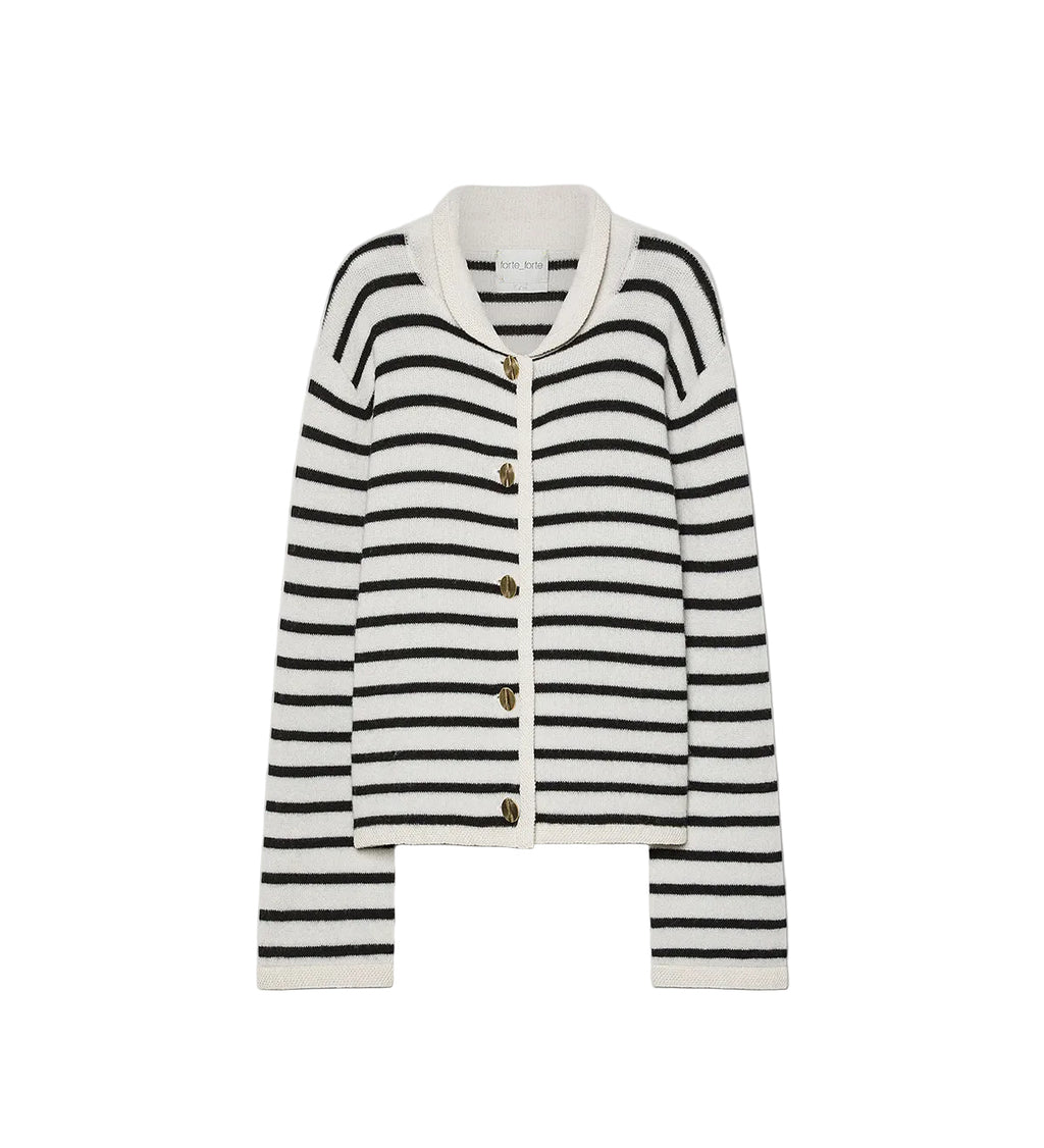 A black and white horizontally striped knit cardigan with a white collar and four brown buttons, displayed flat against a light gray background.