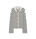 A black and white horizontally striped knit cardigan with a white collar and four brown buttons, displayed flat against a light gray background.
