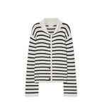A black and white horizontally striped knit cardigan with a white collar and four brown buttons, displayed flat against a light gray background.