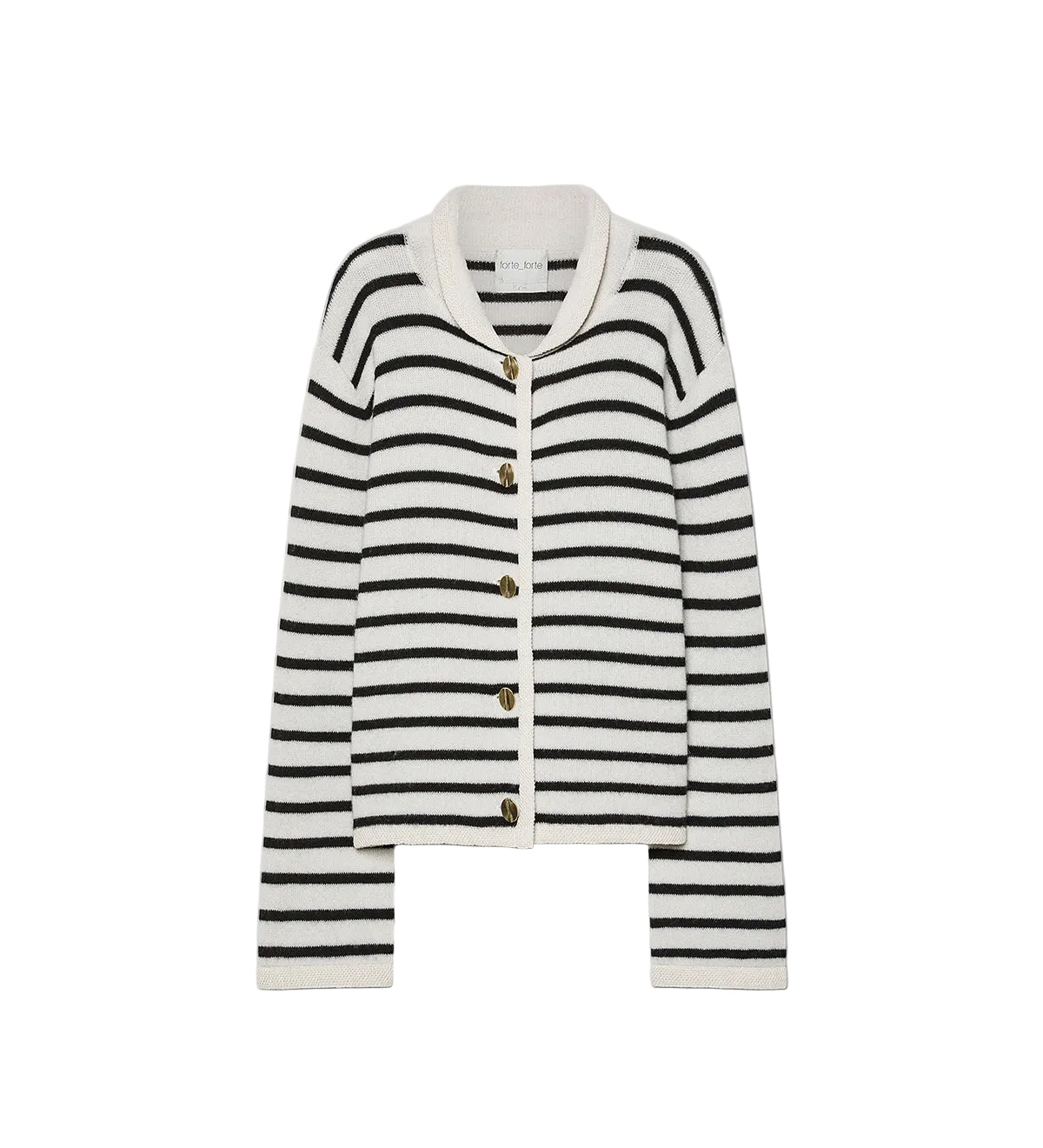 A black and white horizontally striped knit cardigan with a white collar and four brown buttons, displayed flat against a light gray background.