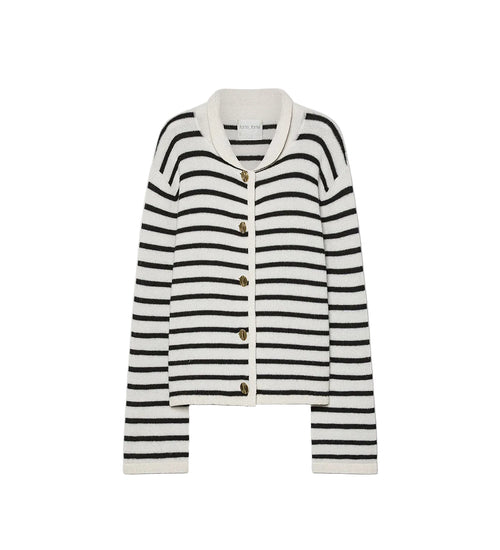A black and white horizontally striped knit cardigan with a white collar and four brown buttons, displayed flat against a light gray background.