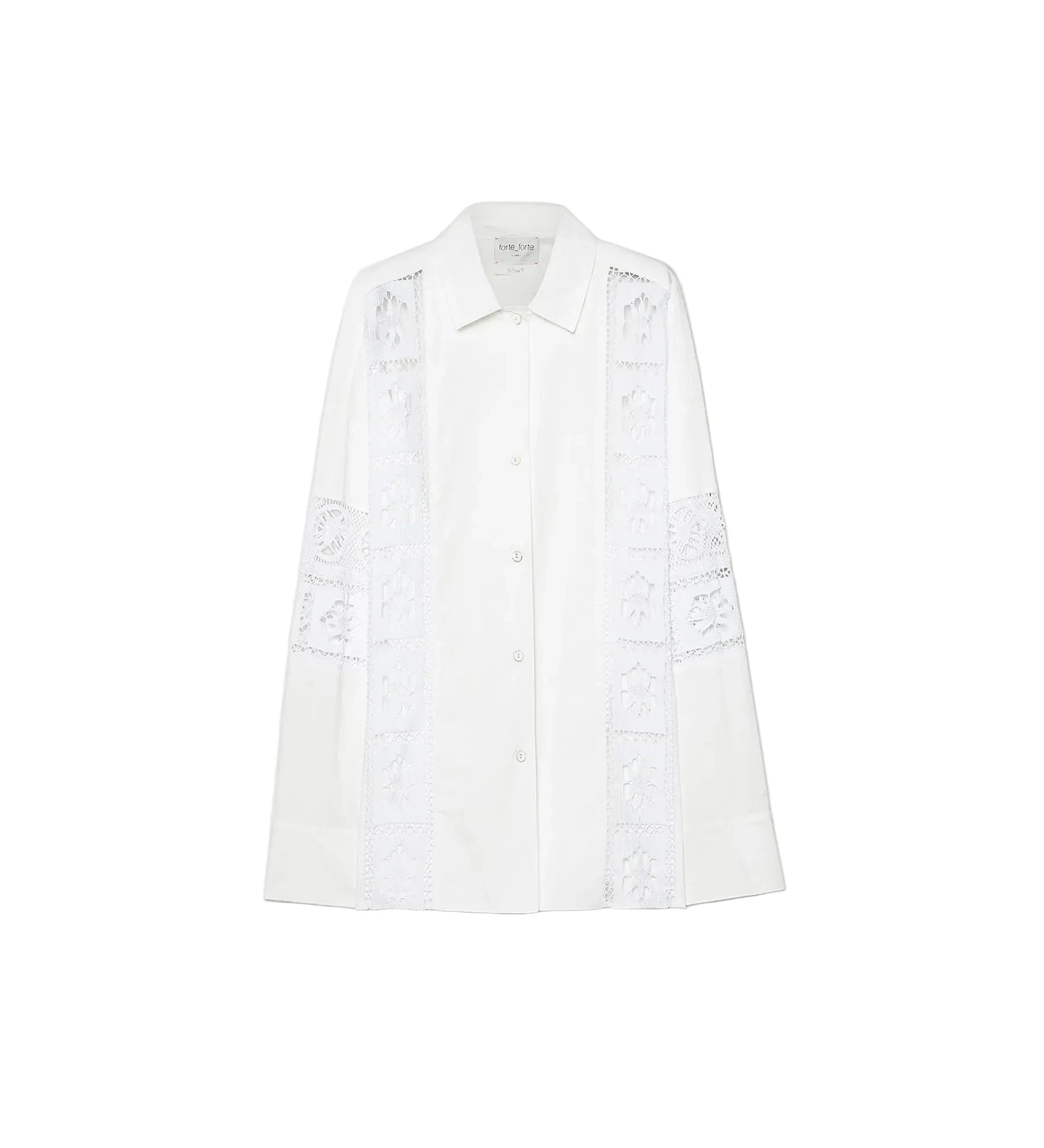 A white long-sleeve button-up shirt with intricate white lace applique detailing running down the front panels and along the sleeves, shown flat on a light gray background.