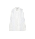 A white long-sleeve button-up shirt with intricate white lace applique detailing running down the front panels and along the sleeves, shown flat on a light gray background.