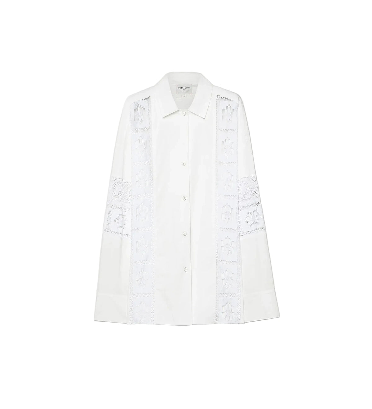 A white long-sleeve button-up shirt with intricate white lace applique detailing running down the front panels and along the sleeves, shown flat on a light gray background.