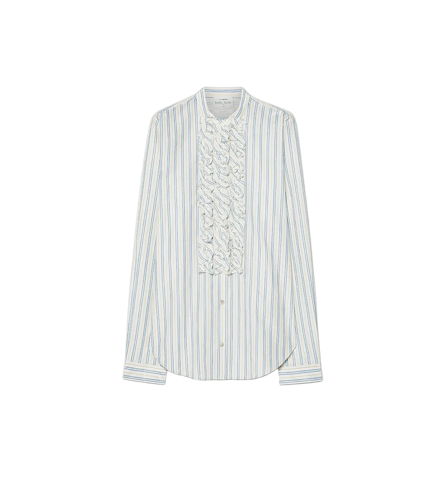 A long-sleeve button-up blouse with vertical light blue and white stripes, featuring a prominent decorative ruffled pleated panel down the front center.