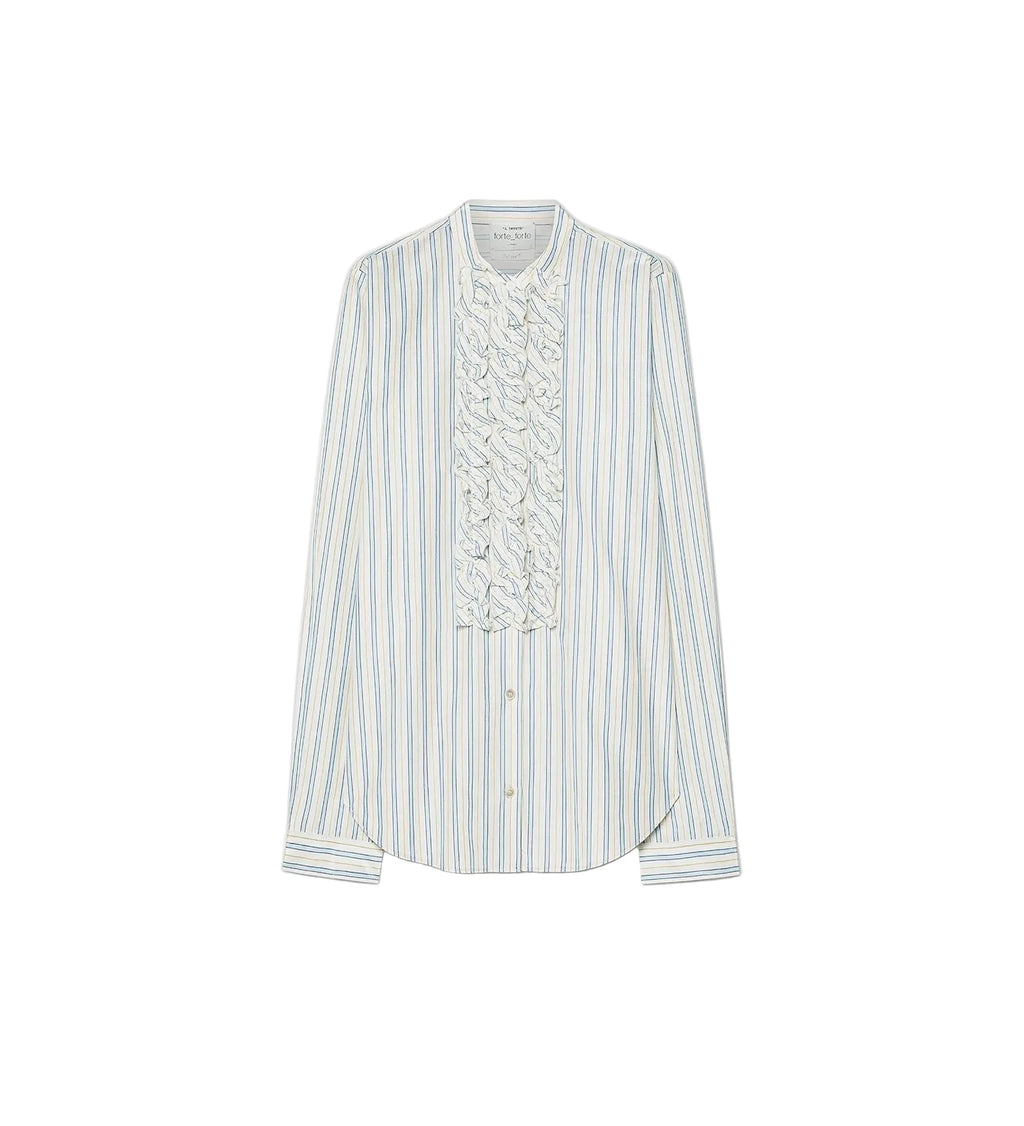 A long-sleeve button-up blouse with vertical light blue and white stripes, featuring a prominent decorative ruffled pleated panel down the front center.