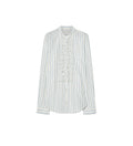 A long-sleeve button-up blouse with vertical light blue and white stripes, featuring a prominent decorative ruffled pleated panel down the front center.