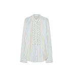 A long-sleeve button-up blouse with vertical light blue and white stripes, featuring a prominent decorative ruffled pleated panel down the front center.