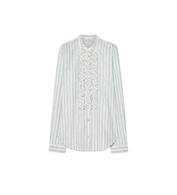 A long-sleeve button-up blouse with vertical light blue and white stripes, featuring a prominent decorative ruffled pleated panel down the front center.