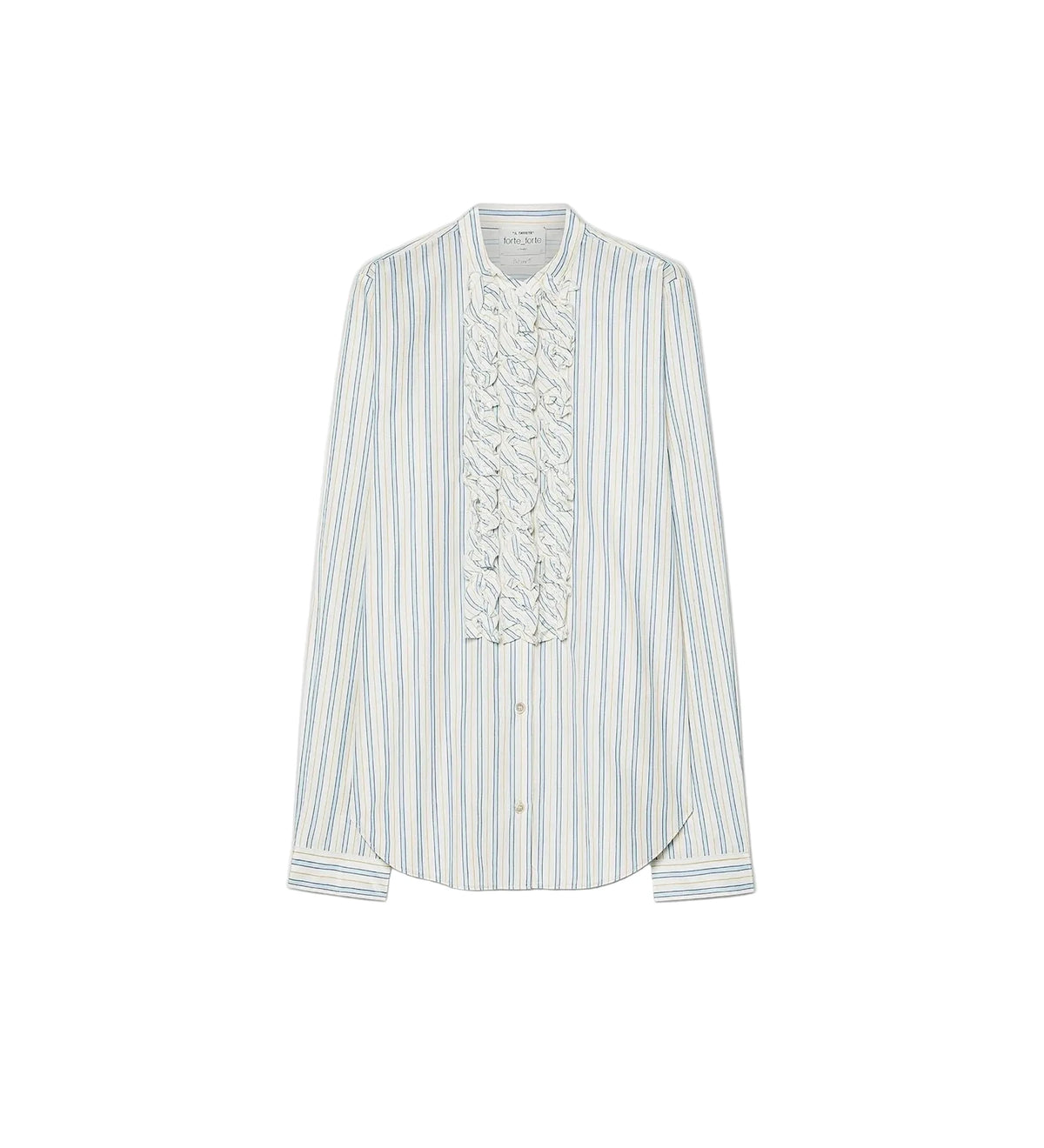 A long-sleeve button-up blouse with vertical light blue and white stripes, featuring a prominent decorative ruffled pleated panel down the front center.