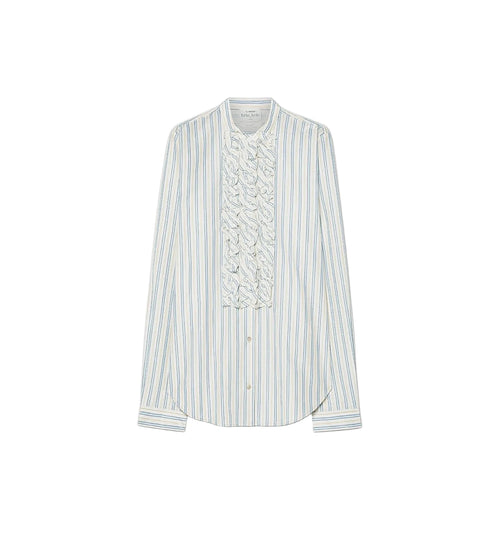 A long-sleeve button-up blouse with vertical light blue and white stripes, featuring a prominent decorative ruffled pleated panel down the front center.