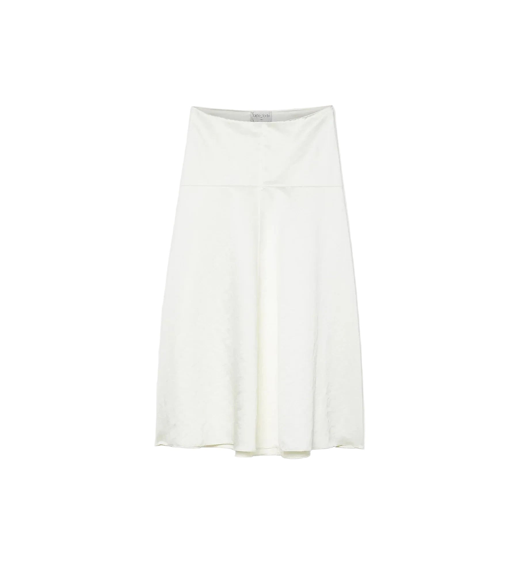 An off-white A-line skirt with a structured waistband and subtle tonal jacquard pattern, shown against a light gray background.