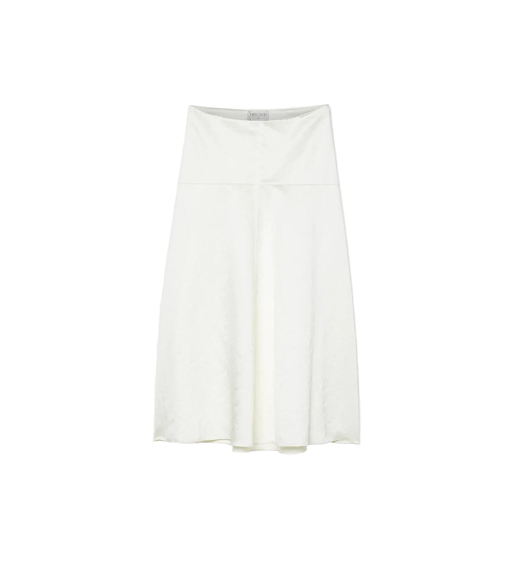 An off-white A-line skirt with a structured waistband and subtle tonal jacquard pattern, shown against a light gray background.