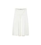 An off-white A-line skirt with a structured waistband and subtle tonal jacquard pattern, shown against a light gray background.