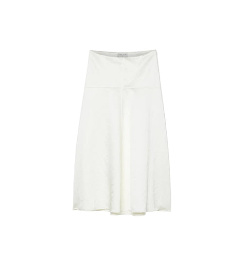 An off-white A-line skirt with a structured waistband and subtle tonal jacquard pattern, shown against a light gray background.