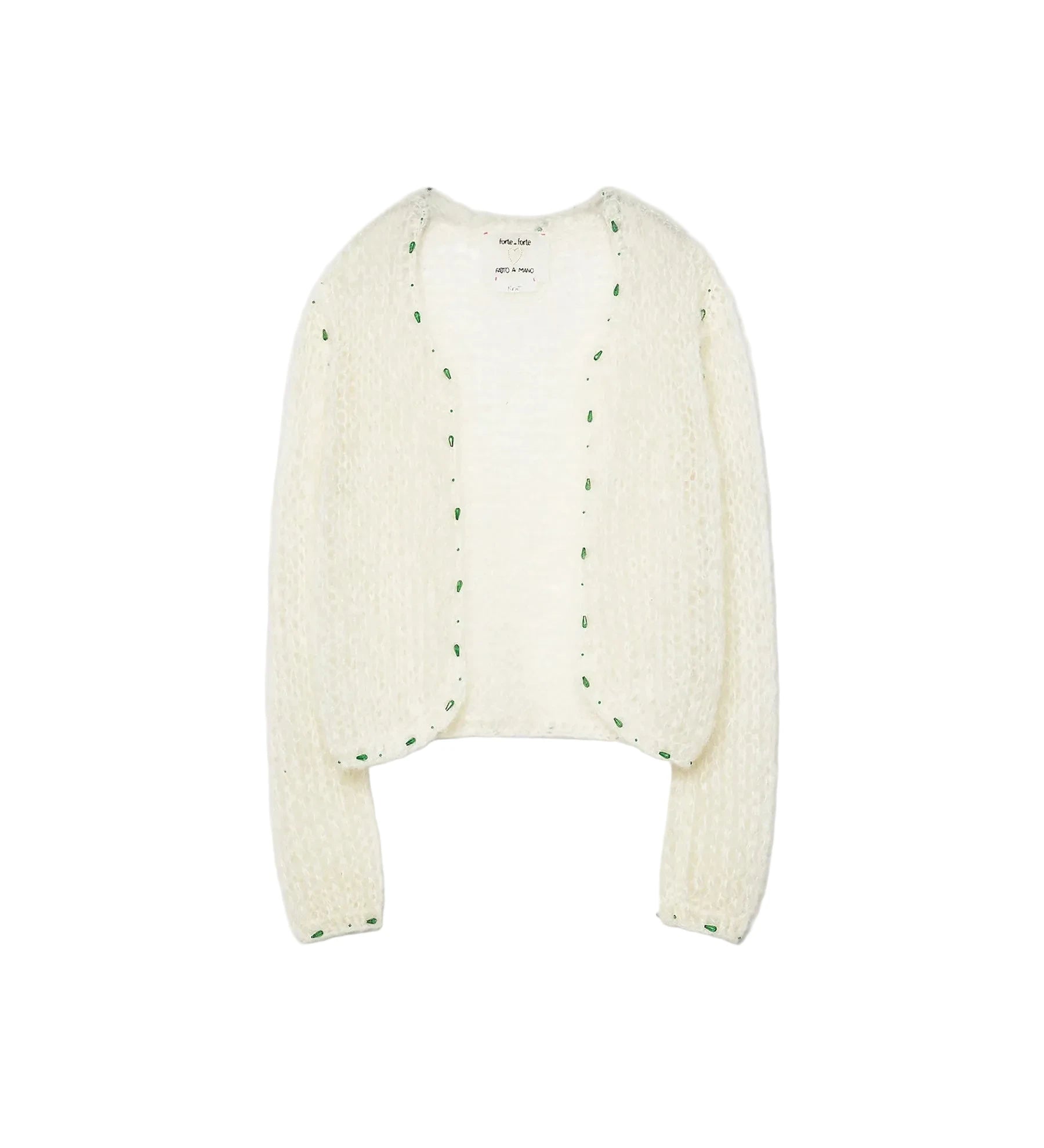 An off-white textured knit cardigan with green dotted trim along the edges, displayed flat against a light gray background.
