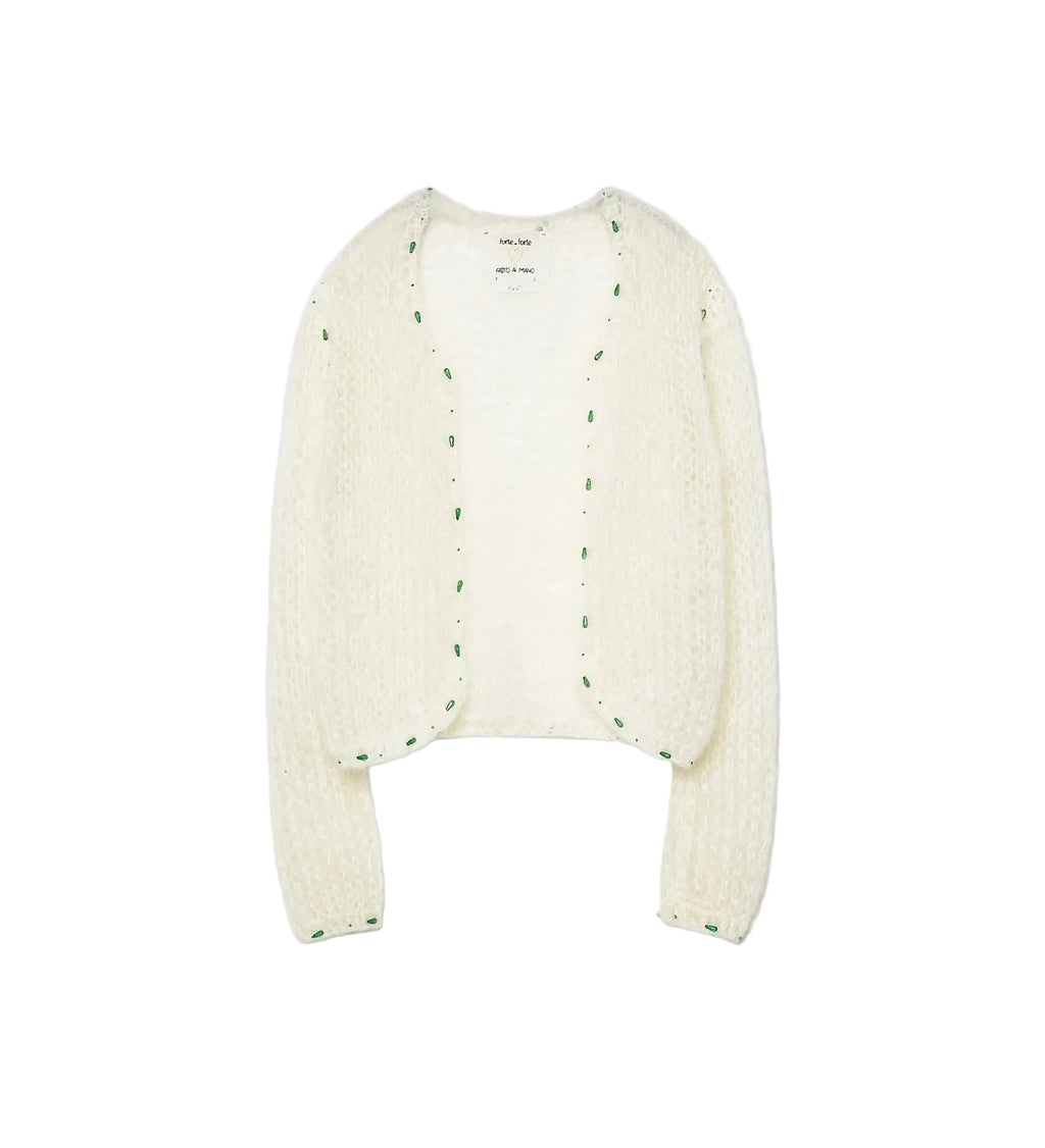 An off-white textured knit cardigan with green dotted trim along the edges, displayed flat against a light gray background.
