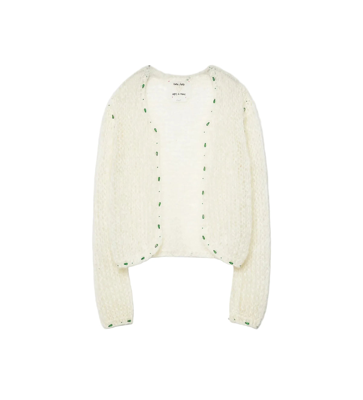 An off-white textured knit cardigan with green dotted trim along the edges, displayed flat against a light gray background.