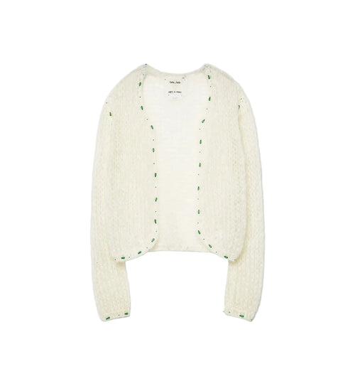 An off-white textured knit cardigan with green dotted trim along the edges, displayed flat against a light gray background.